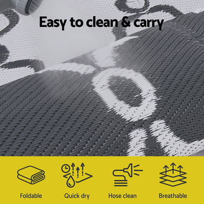 Textured surface with 'Easy to clean & carry' text and icons indicating foldable, quick dry, hose clean, and breathable features.