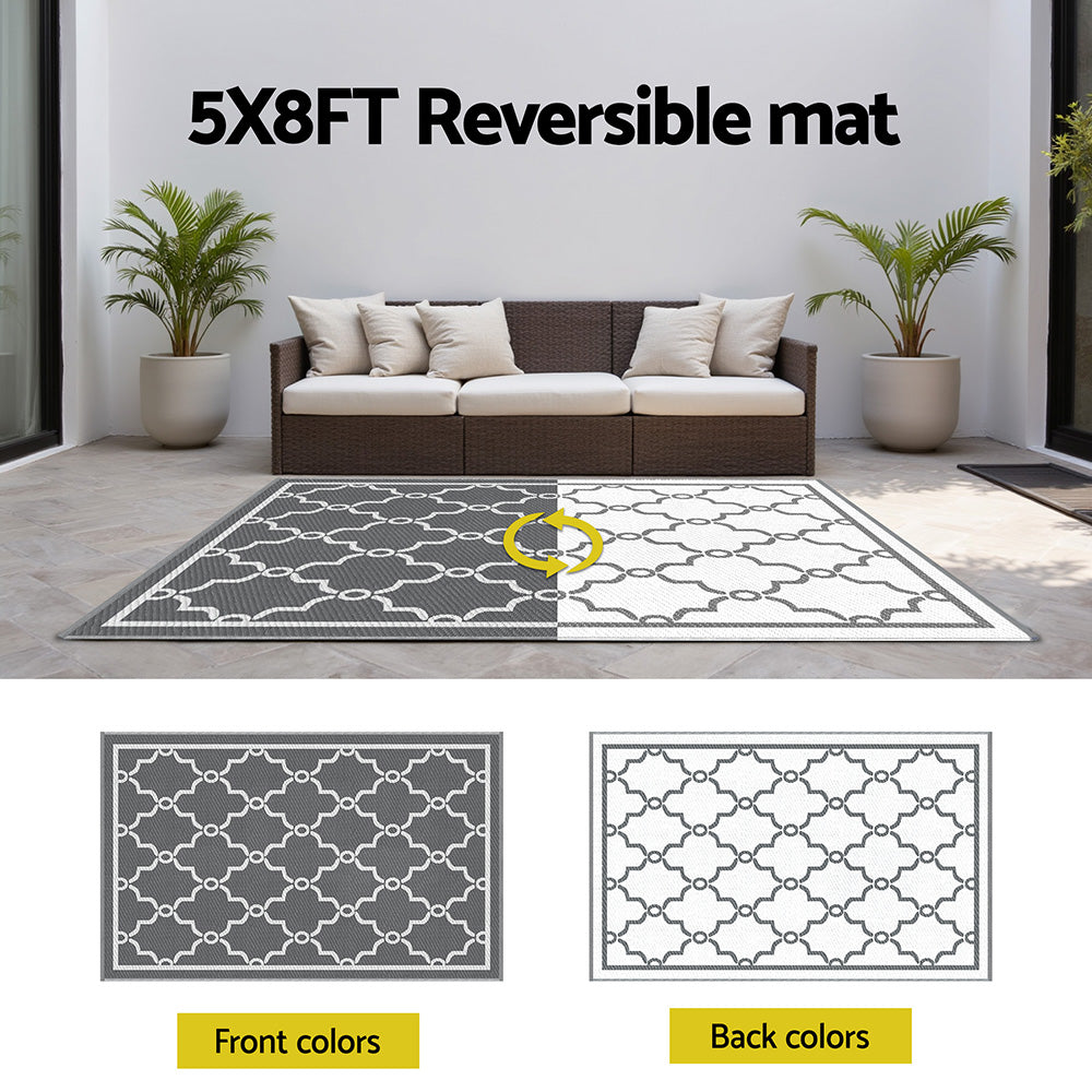 5x8FT reversible mat with front and back color options shown on a living room floor.