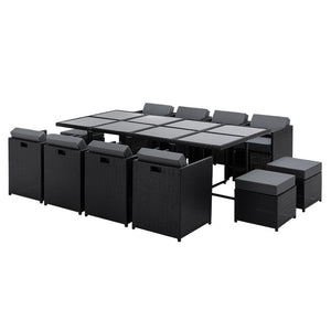 Gardeon Outdoor Dining Set 13 Piece Wicker Table Chairs Setting Black with 3 x Cushion Covers

Discover the ultimate outdoor dining experience with our exquisite yet budget-friendly Hayman 13-piece Dining Set. Every piece is crafted with the utmost comfort in mind and features high-density foam seat cushions for optimal support. The sturdy frame is constructed with heavy-duty powder-coated aluminium and wrapped in UV-resistant PE wicker to withstand any weather conditions. Rest assured, these pieces are bui