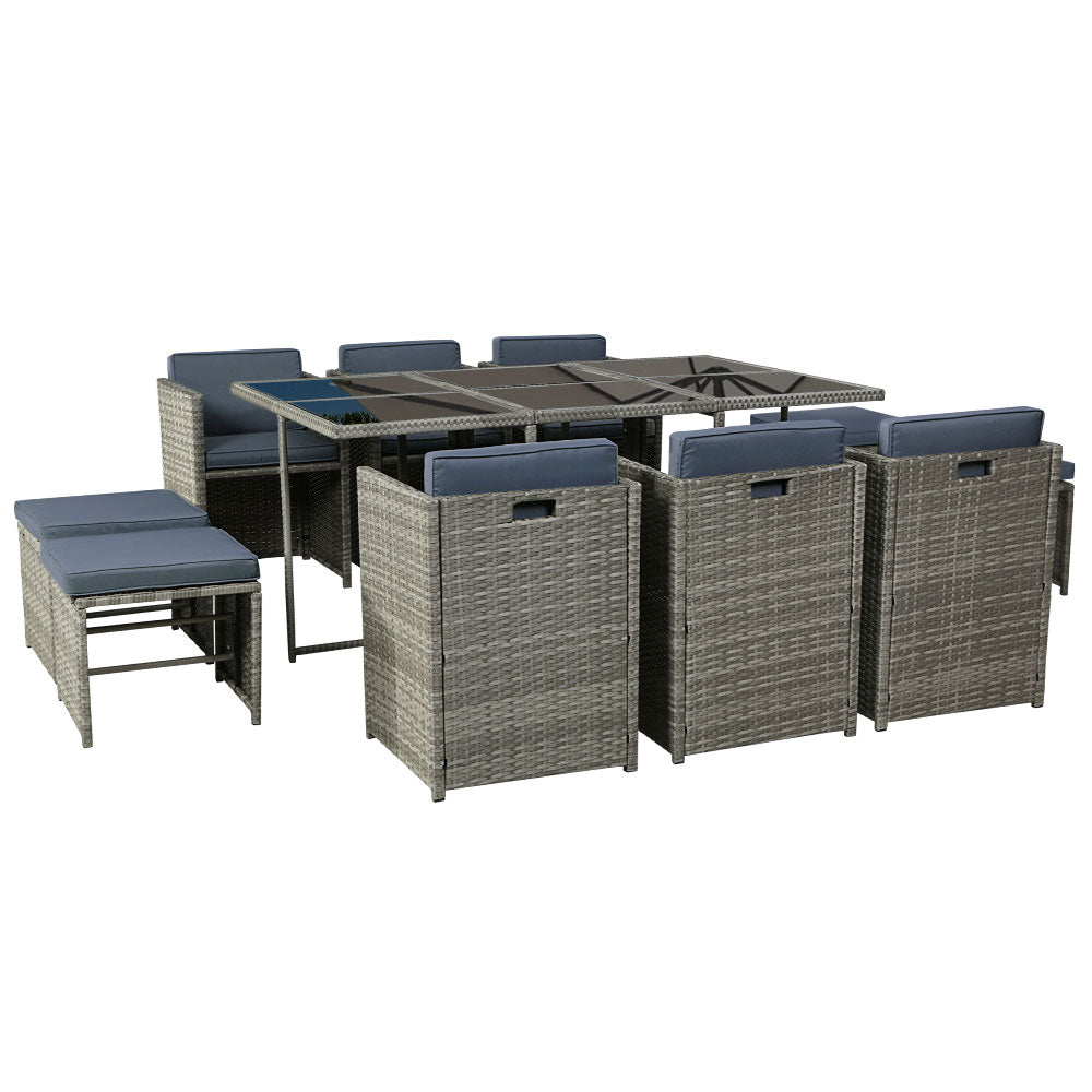 Gardeon 11 PCS Outdoor Dining Set Table Chairs&nbsp;

Create a stylish and beautiful outdoor dining area with the Gardeon 10-seater wicker outdoor dining set. This essential purchase will enhance your outdoor space and provide an elegant setting for year-round enjoyment. The 11-piece set includes six chairs, four ottomans, and a spacious table. Its integrated design allows for space-saving convenience, as the ottomans can be neatly stored under the chairs when not in use.&nbsp;