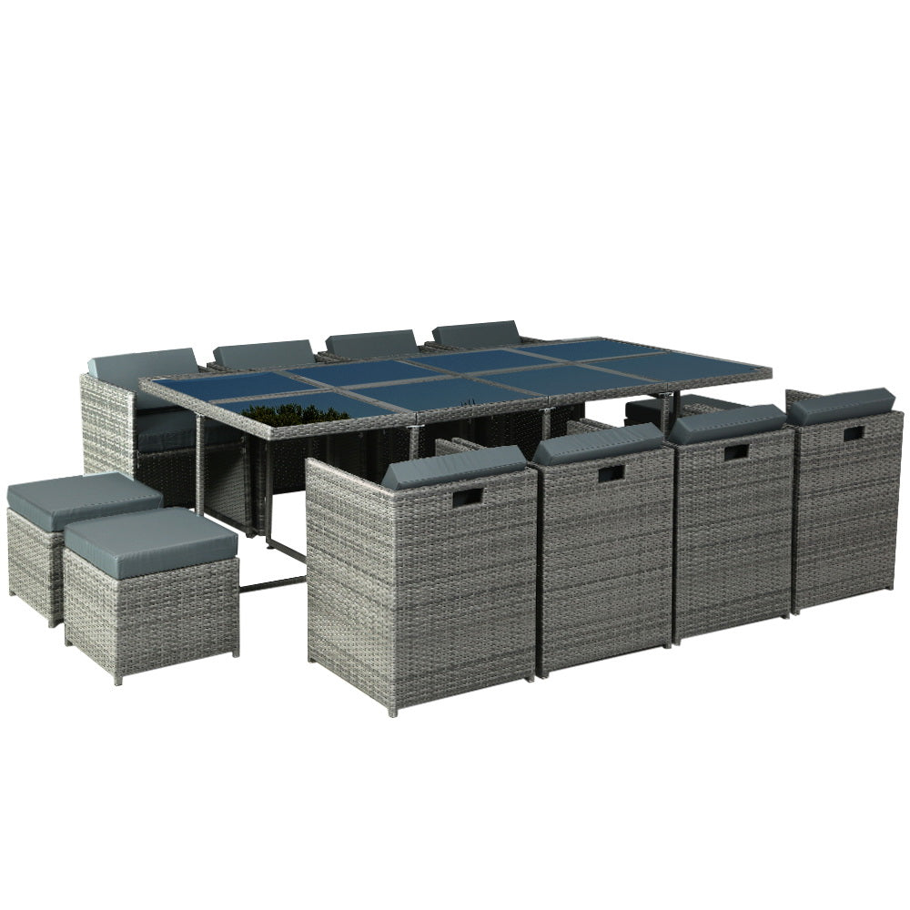 Gardeon Outdoor Dining Set 13 Piece Wicker Table Chairs Setting Grey

Looking to create a chic and gorgeous outdoor dining setting? The Gardeon 12-seater wicker outdoor dining set is a must purchase. It will liven up your outdoor space and help you achieve an elegant space where you can enjoy day and night and summer and winter. This 13-piece set comprises of eight chairs, four ottomans, and a large table. It boasts an integrated design that helps save space. The ottomans can be pushed under the chairs when