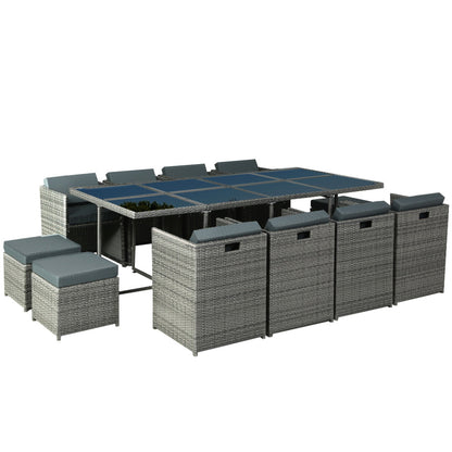 Gardeon Outdoor Dining Set 13 Piece Wicker Table Chairs Setting Grey

Looking to create a chic and gorgeous outdoor dining setting? The Gardeon 12-seater wicker outdoor dining set is a must purchase. It will liven up your outdoor space and help you achieve an elegant space where you can enjoy day and night and summer and winter. This 13-piece set comprises of eight chairs, four ottomans, and a large table. It boasts an integrated design that helps save space. The ottomans can be pushed under the chairs when
