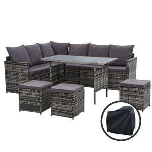 Gardeon Outdoor Dining Set Sofa Lounge Setting Chairs Table Ottoman Grey Cover

Experience the ultimate outdoor dining and relaxation with our Gardeon Dining Set. With seating for up to 9 guests, the set offers versatile arrangements and secure hook connections. Constructed with a powder-coated steel frame and durable PE wicker, this set is both stylish and suitable for outdoor use, with UV and weather resistance. Perfect for garden parties or quiet outdoor lounging, make this set the centerpiece of your ou