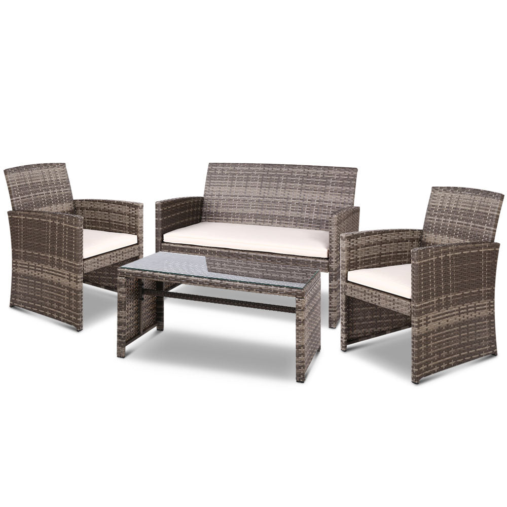 Set of 4 Outdoor Furniture Wicker Chairs &amp; Table - Grey

Live it up in style with our stylish Gardeon 4-piece wicker outdoor set. With its sleek lines, neutral tones and exotic wicker, our outdoor set simply looks inviting and charming by the poolside or on the deck or even in your living room.