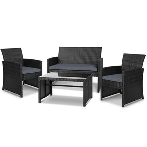 Set of 4 Outdoor Furniture Wicker Chairs &amp; Table - Black

Live it up in style with our stylish Gardeon 4-piece wicker outdoor set. With its sleek lines, neutral tones and exotic wicker, our outdoor set simply looks inviting and charming by the poolside or on the deck or even in your living room.
