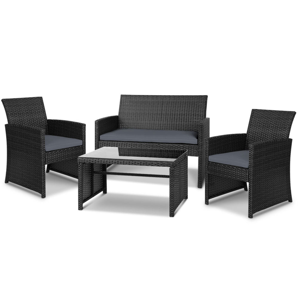 Set of 4 Outdoor Furniture Wicker Chairs &amp; Table - Black

Live it up in style with our stylish Gardeon 4-piece wicker outdoor set. With its sleek lines, neutral tones and exotic wicker, our outdoor set simply looks inviting and charming by the poolside or on the deck or even in your living room.