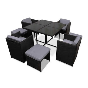 Gardeon Outdoor Dining Set 9 Piece Black

Transform your backyard with our budget-friendly and elegant Gardeon Outdoor Dining Set. Crafted with a powder-coated steel frame and UV-resistant PE wicker, this set boasts exceptional durability and stunning designs. The included tempered glass top table and 5cm high-density foam seat cushions, which are both removable and washable, ensure maximum comfort and convenience for your outdoor dining experience.&nbsp;