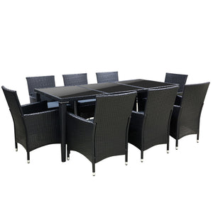 Gardeon Outdoor Dining Set 9 Piece Wicker Lounge Setting Black

Indulge in sophisticated dining with our exquisite Gardeon Outdoor Dining Set. Made with UV-resistant PE rattan and a strong aluminium frame for the chairs and table, this multi-piece set is designed both for aesthetic appeal and durability against the elements. The chairs boast a sleek, contoured design and come with 5 cm-thick high-density foam cushions for the ultimate in comfort and style. Additionally, the spacious dining table is topped w