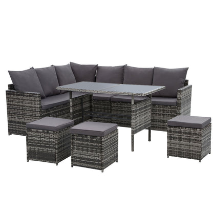 Outdoor Dining Table Set &nbsp;Wicker 9 Seater Mixed Grey Gardeon

The Gardeon Outdoor Sofa Dining Set-9 Seater is perfect for hosting a garden party or simply unwinding with loved ones. With ample seating for 9, everyone can comfortably sit or even lie down with a good book. The versatile seating arrangement can be adjusted to your liking, and the included hooks ensure the seats are securely connected.
