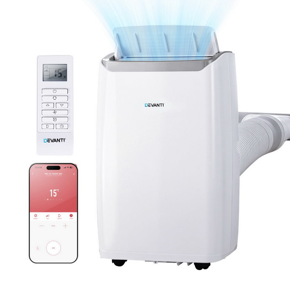 Portable air conditioner with remote control and smartphone app on a white background