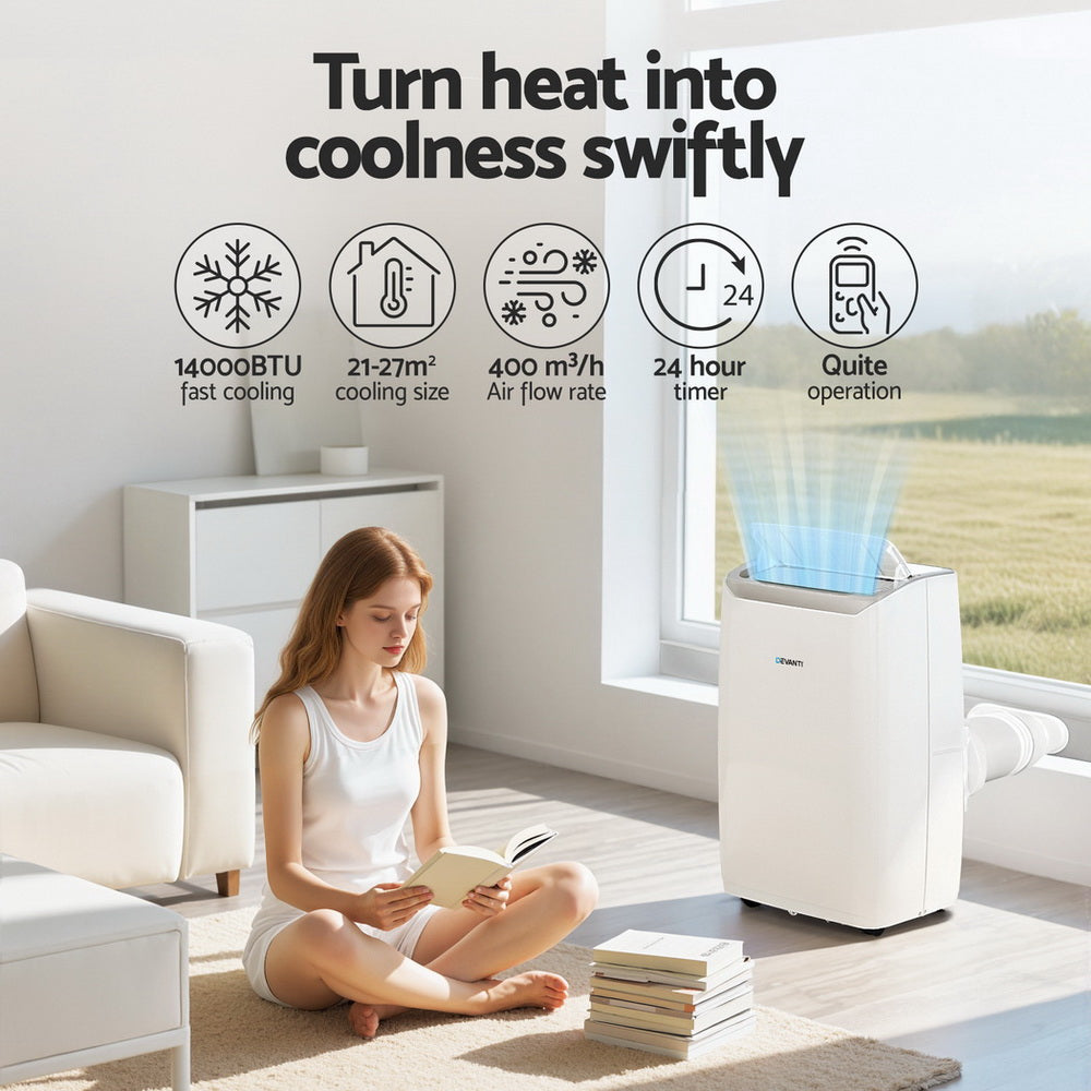 Woman reading a book in a living room with a De'Longhi air conditioner, featuring product features.