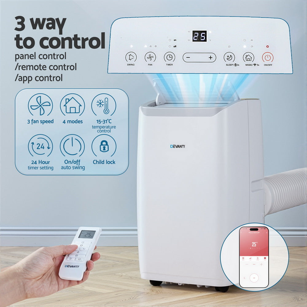 Portable air conditioner with control panel, remote control, and app control features on a light gray background.