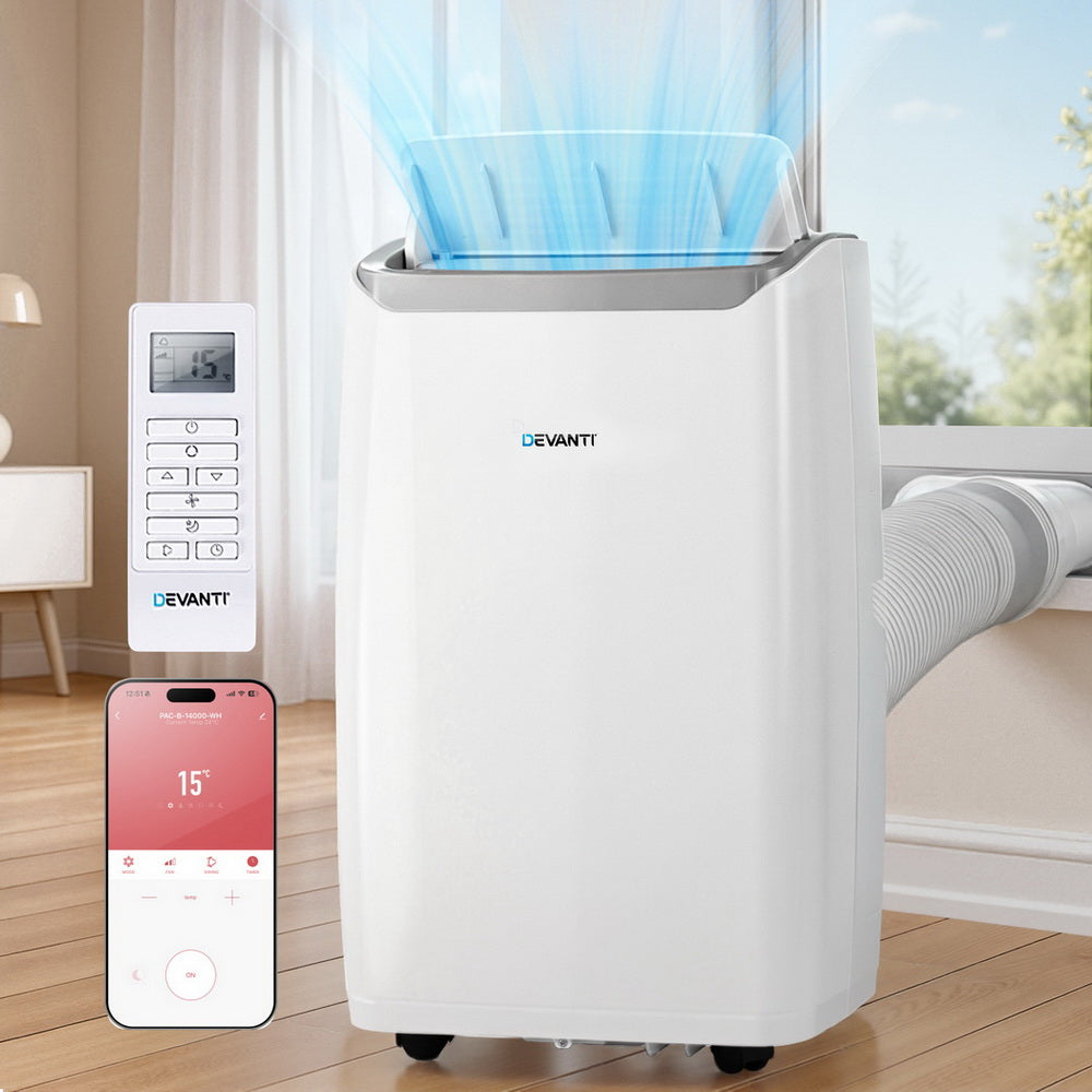 Portable air conditioner with remote control in a room setting