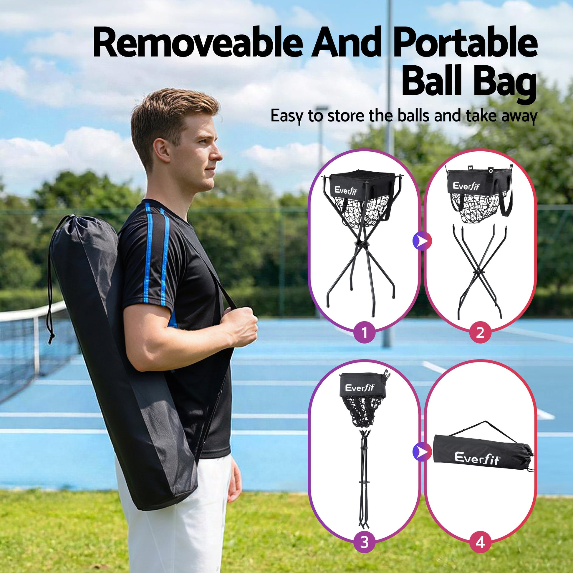 Everfit Portable Ball Cart Foldable Pickleball Tennis Baseball Softball - Factory Direct Shop