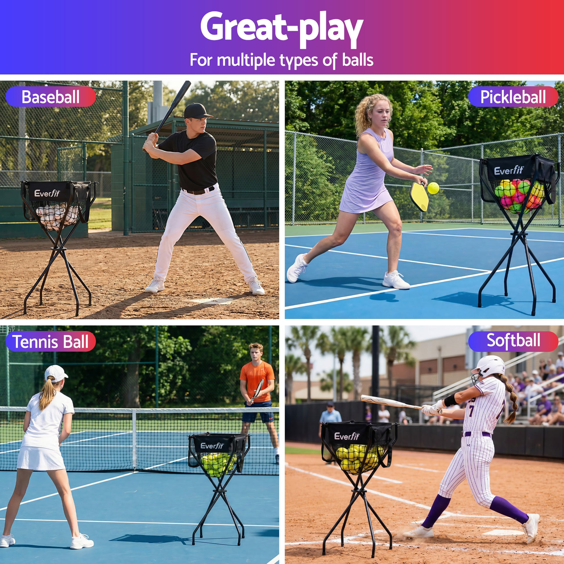 Everfit Portable Ball Cart Foldable Pickleball Tennis Baseball Softball - Factory Direct Shop