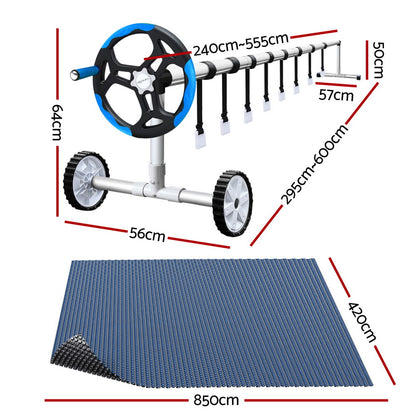 Aqua Buddy Pool Cover 600 Micron 8.5x4.2m w/ Blue Roller 5.55m Black Solar Blanket