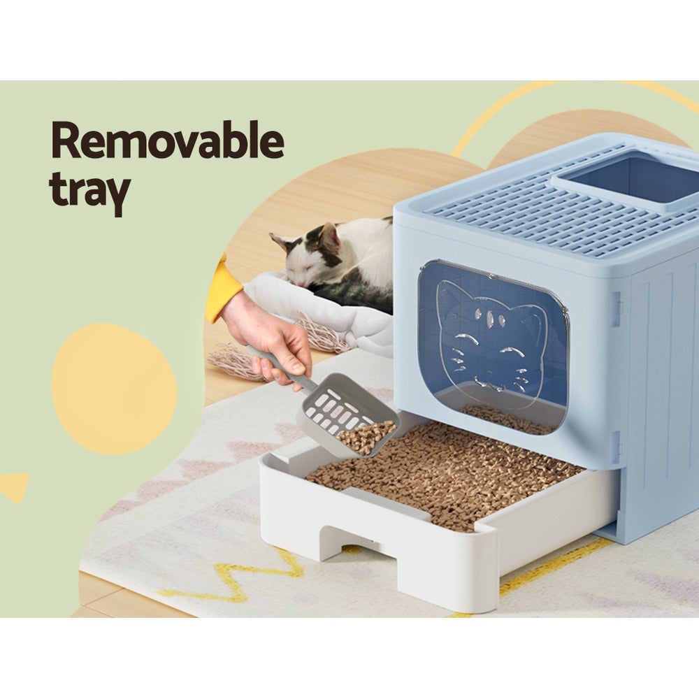 i.Pet Cat Litter Box Large Tray Kitty Toilet Enclosed Hooded Foldable Cat Litter Box Scoop Blue