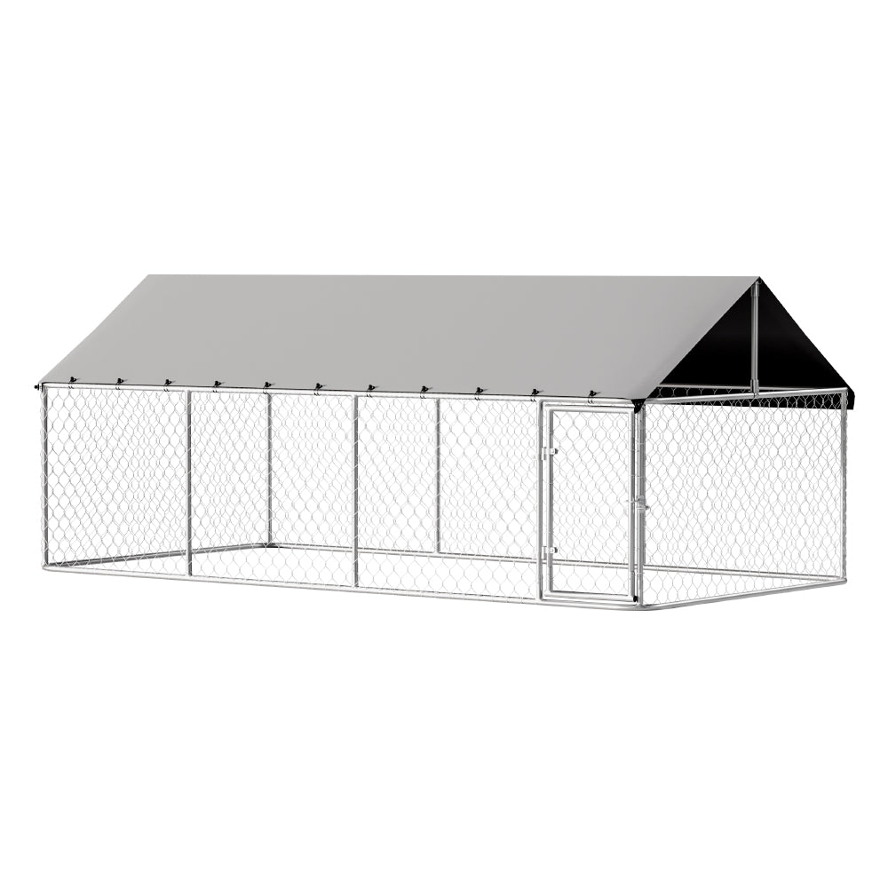 Large outdoor dog kennel with a metal roof on a white background