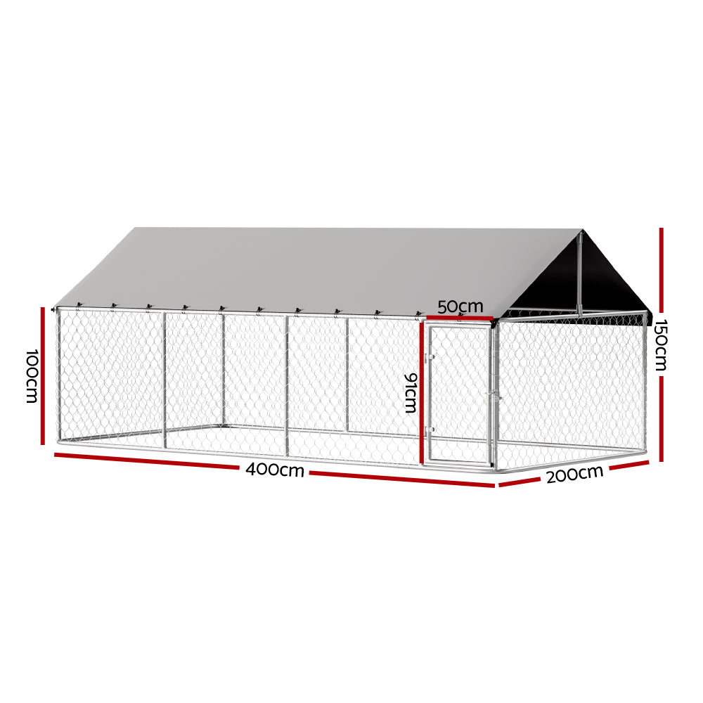 Measurement chart of a dog kennel with dimensions labeled.