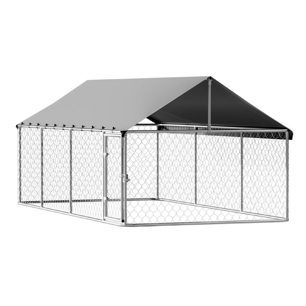 Large metal dog kennel with a black roof on a white background