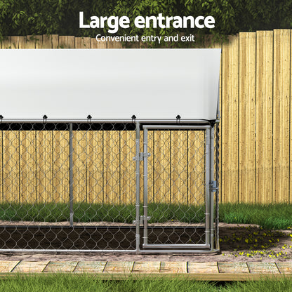 Metal gate with a wooden fence and grass in the background, labeled 'Large entrance'.