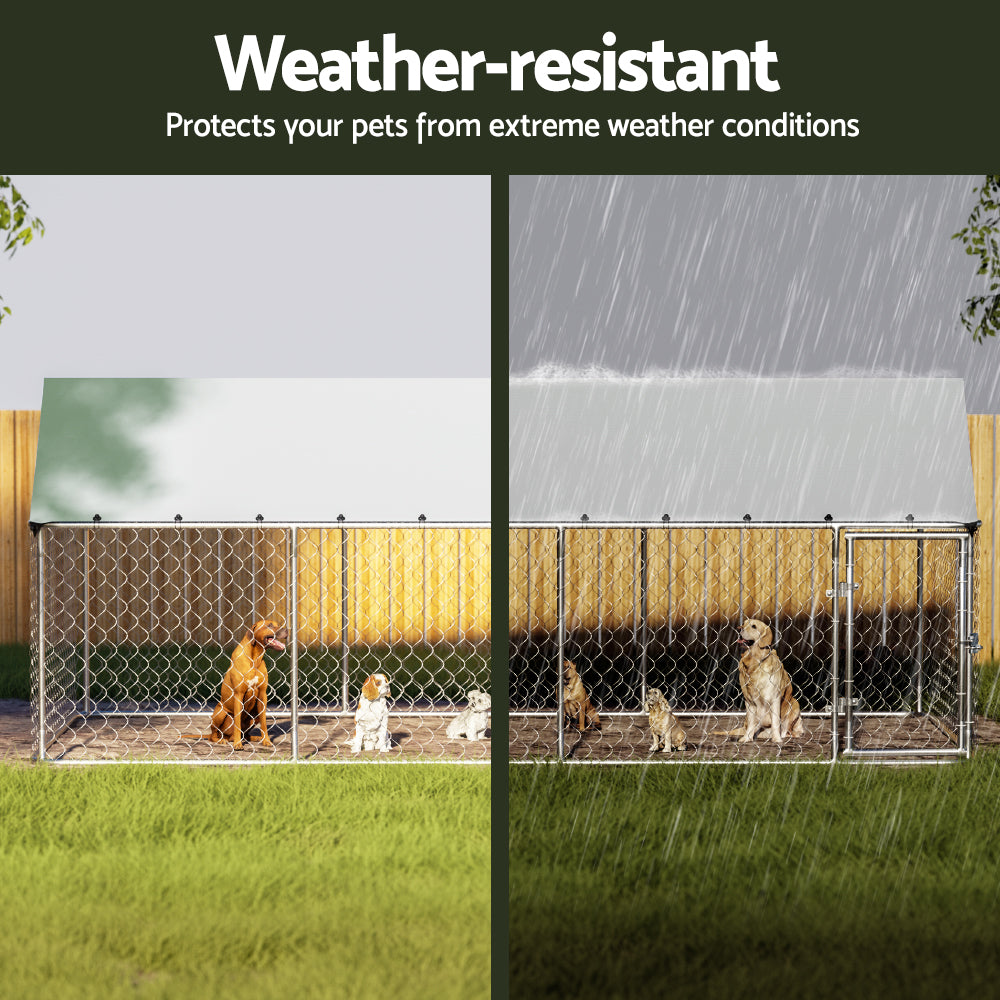 Two images showing a weather-resistant pet enclosure with dogs in different weather conditions.