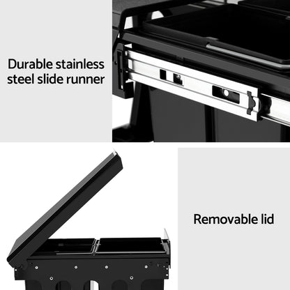 Cefito Pull Out Bin Kitchen Triple Slide Garbage Rubbish Bins Basket Blcak 31L