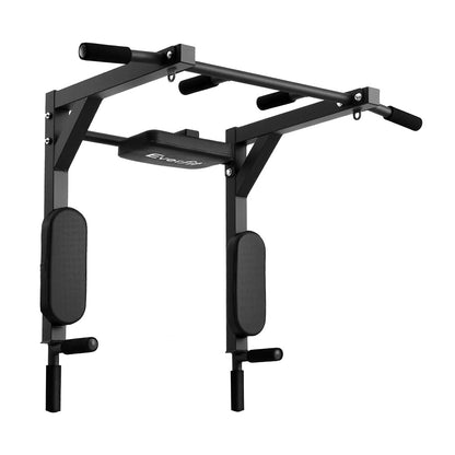 Black pull-up bar and weight rack on a white background
