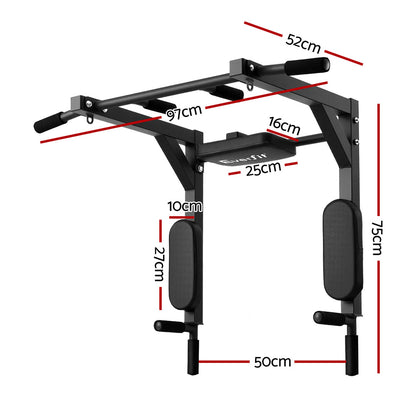 Black Everfit pull-up bar with measurements on a white background