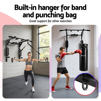 Home gym setup with pull-up bar, resistance band, and punching bag.