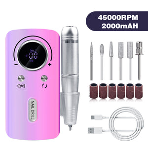 45000 RPM Professional Rechargeable Electric Nail Drill

Enhance your at-home manicures and pedicures with the Purple Professional Electric Nail Drill. Designed for salon-quality results, this portable drill boasts adjustable speeds up to 45000 RPM for optimal shaping, filing, buffing, and removal of acrylics and gel polish.