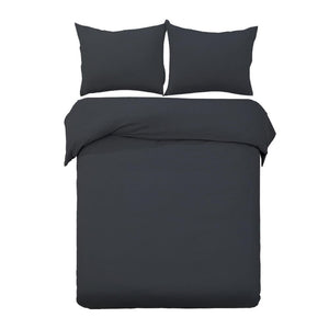 A black quilt cover set including a quilt cover and two pillowcases, displayed on a bed.