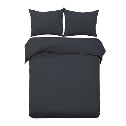A black quilt cover set including a quilt cover and two pillowcases, displayed on a bed.