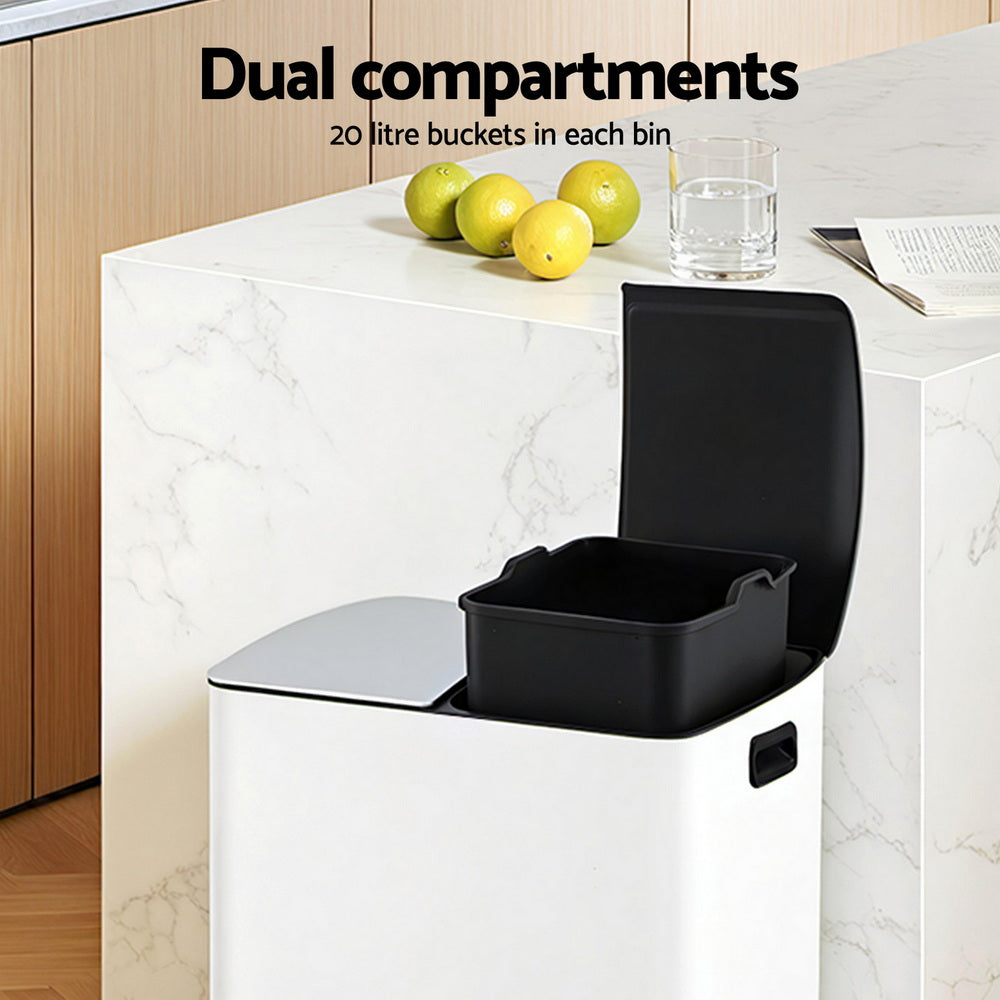 Cefito Pedal Bins Rubbish Bin Dual Compartment Waste Recycle Dustbins 40L White