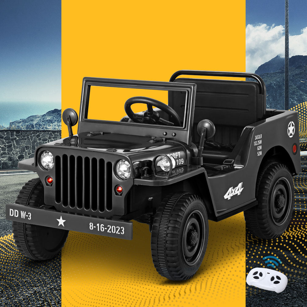 Black toy jeep with military design on a yellow and blue gradient background