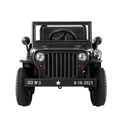 Black vintage jeep with a license plate on a white background