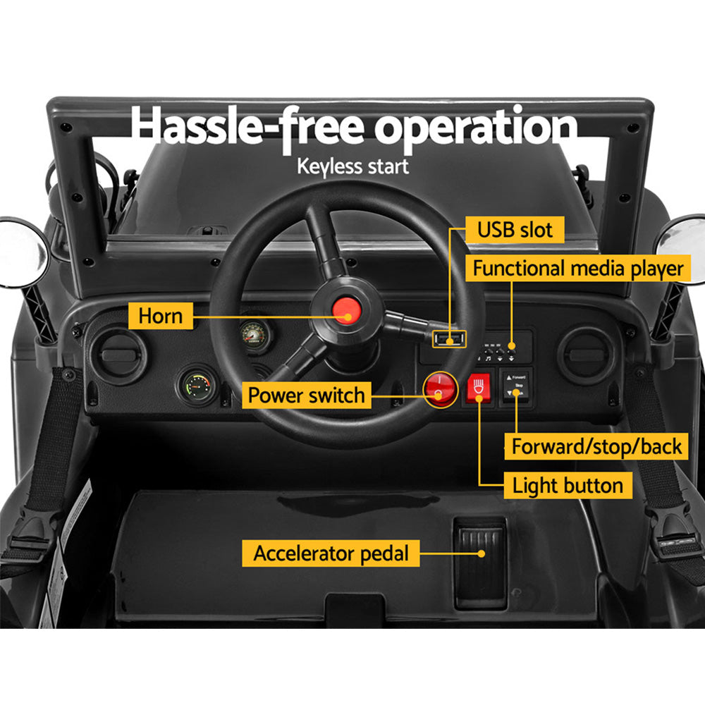 Control panel of a vehicle with labeled components and text 'Hassle-free operation'.