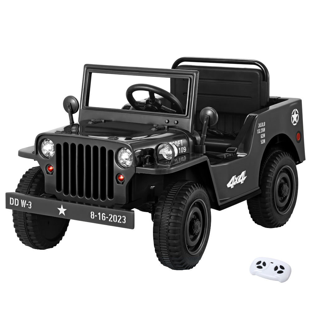 Black toy jeep with military design on a white background