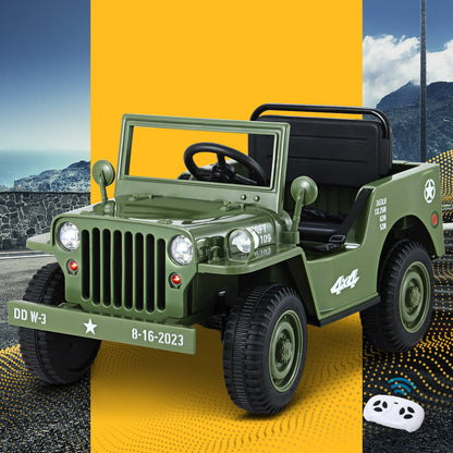 Green toy jeep with mountain and ocean background