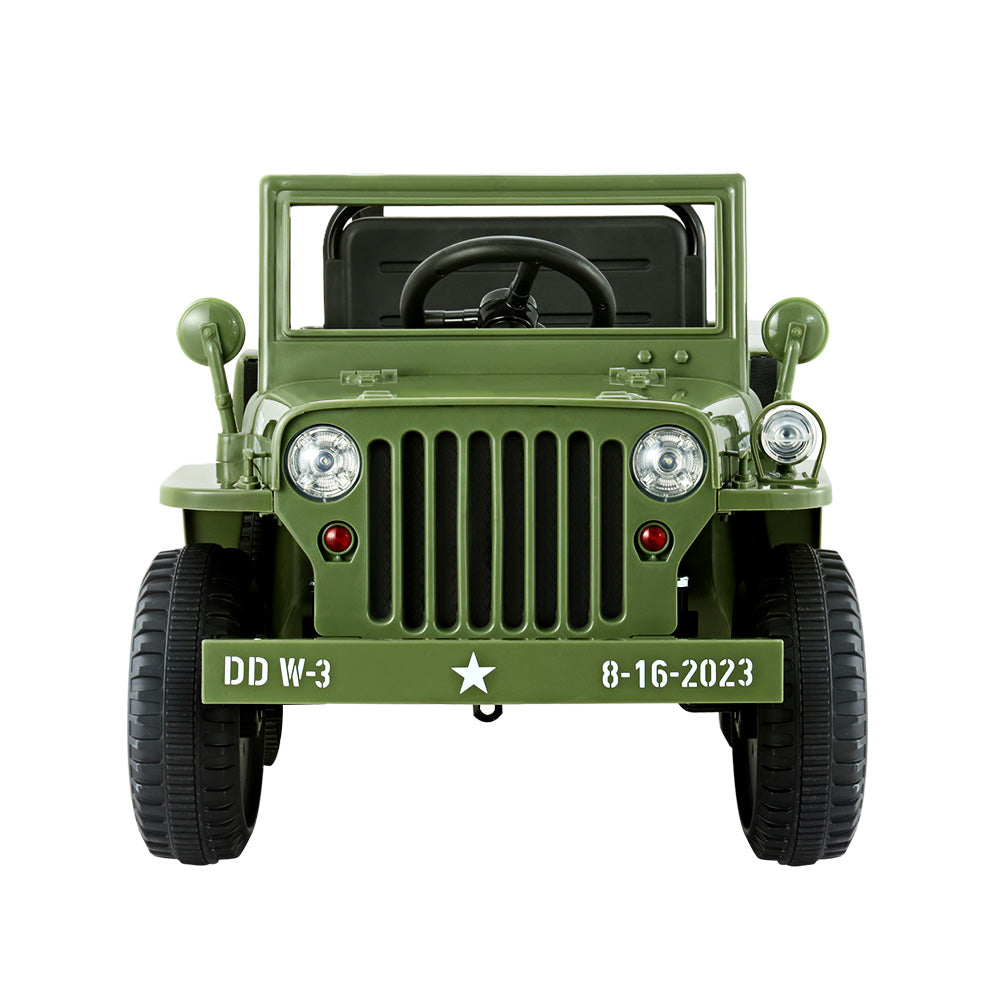 Green vintage-style jeep with personalized license plate on a white background