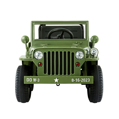 Green vintage-style jeep with personalized license plate on a white background