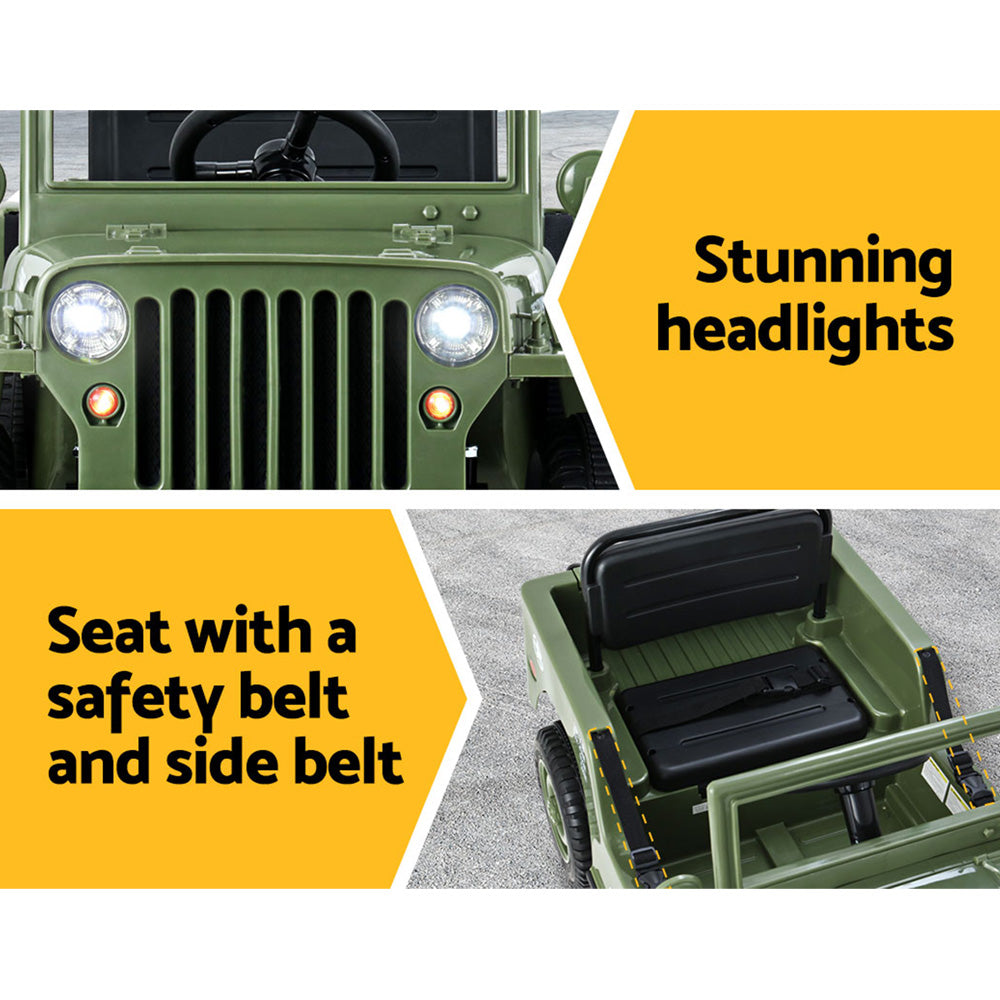Green toy jeep with headlights and seat details on a yellow and gray background