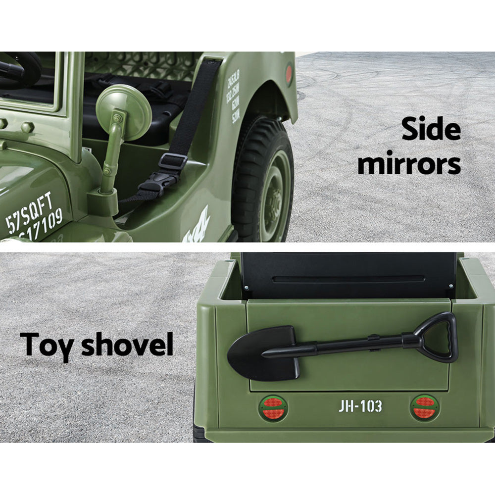 Green toy vehicle with side mirrors and a toy shovel on a gray surface