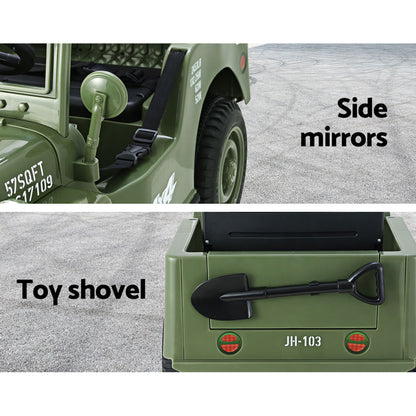 Green toy vehicle with side mirrors and a toy shovel on a gray surface