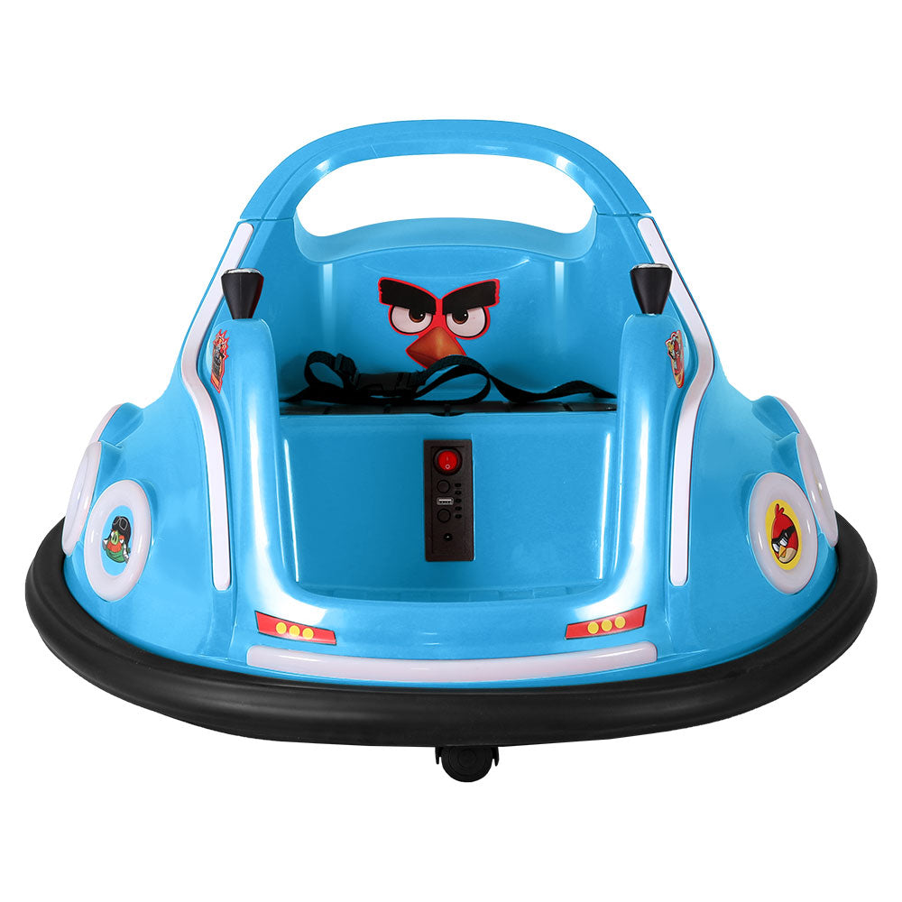 Blue bumper car with Angry Birds design on a white background