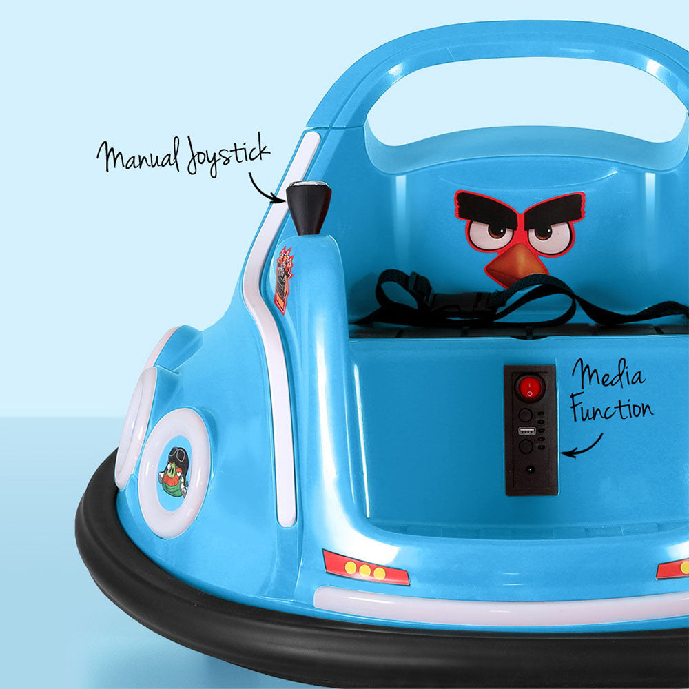 Children's bumper car with joystick and Angry Birds design on a light blue background