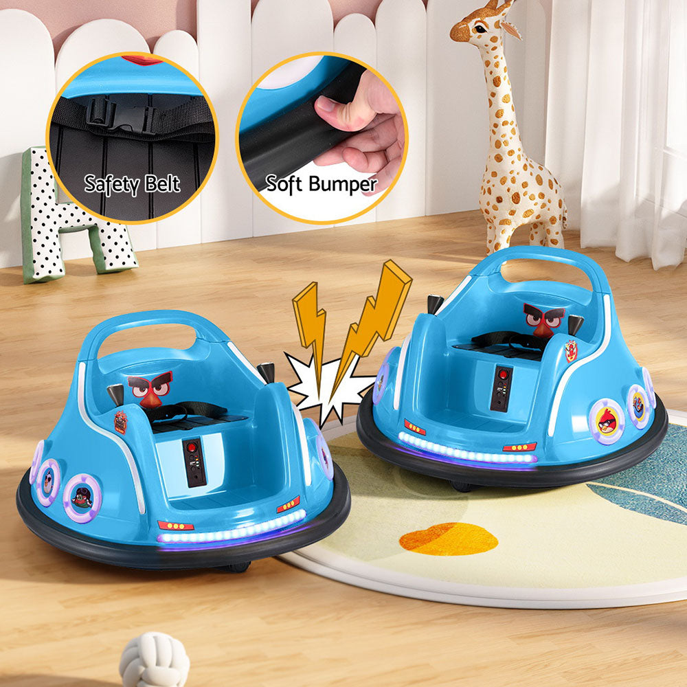 Two blue children's bumper cars on a wooden floor with safety features highlighted.