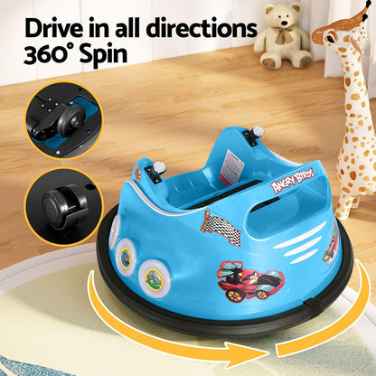 Blue bumper car with cartoon designs on a wooden floor, surrounded by toys.