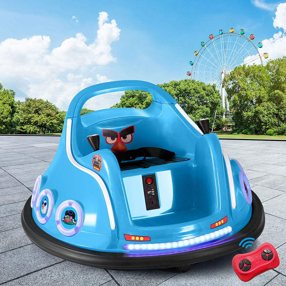 Blue children's bumper car with a remote control in front of a Ferris wheel and trees.