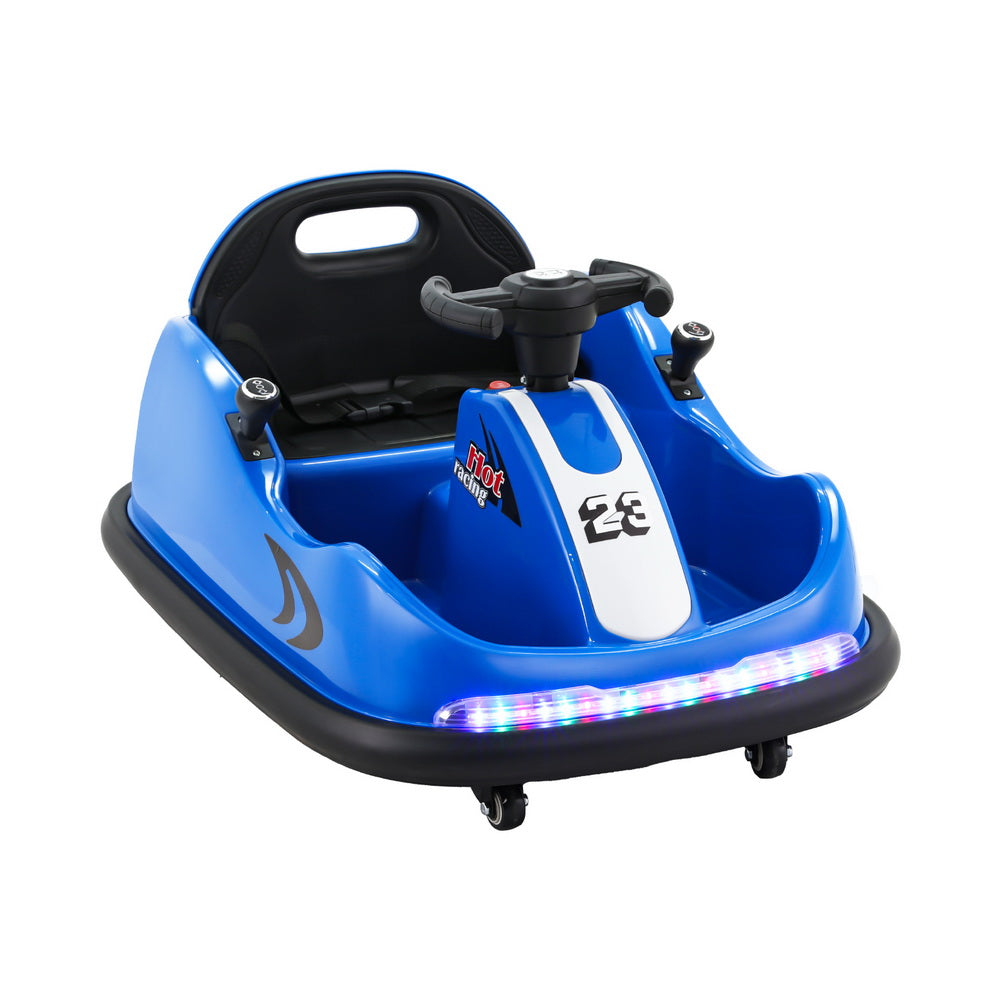 Blue children's bumper car with black seat and colorful lights on a white background